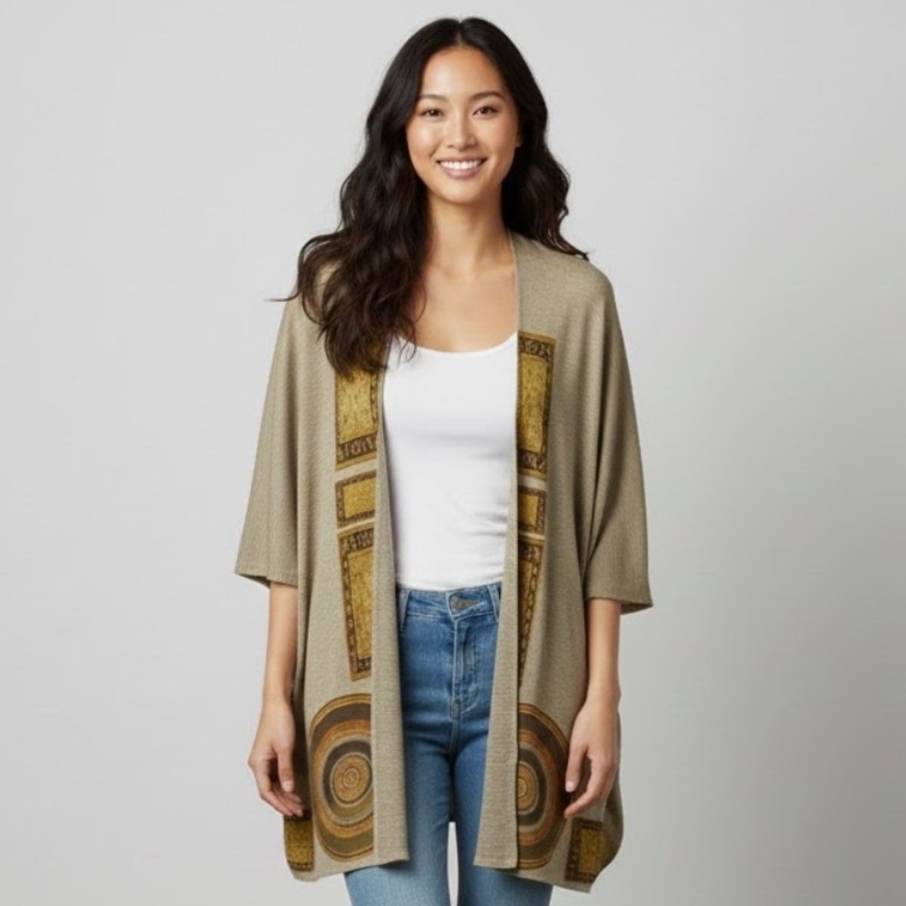 De Kamba Woman Kimono Cardigan Beige Geometric Print Shawl OS‎ Artsy